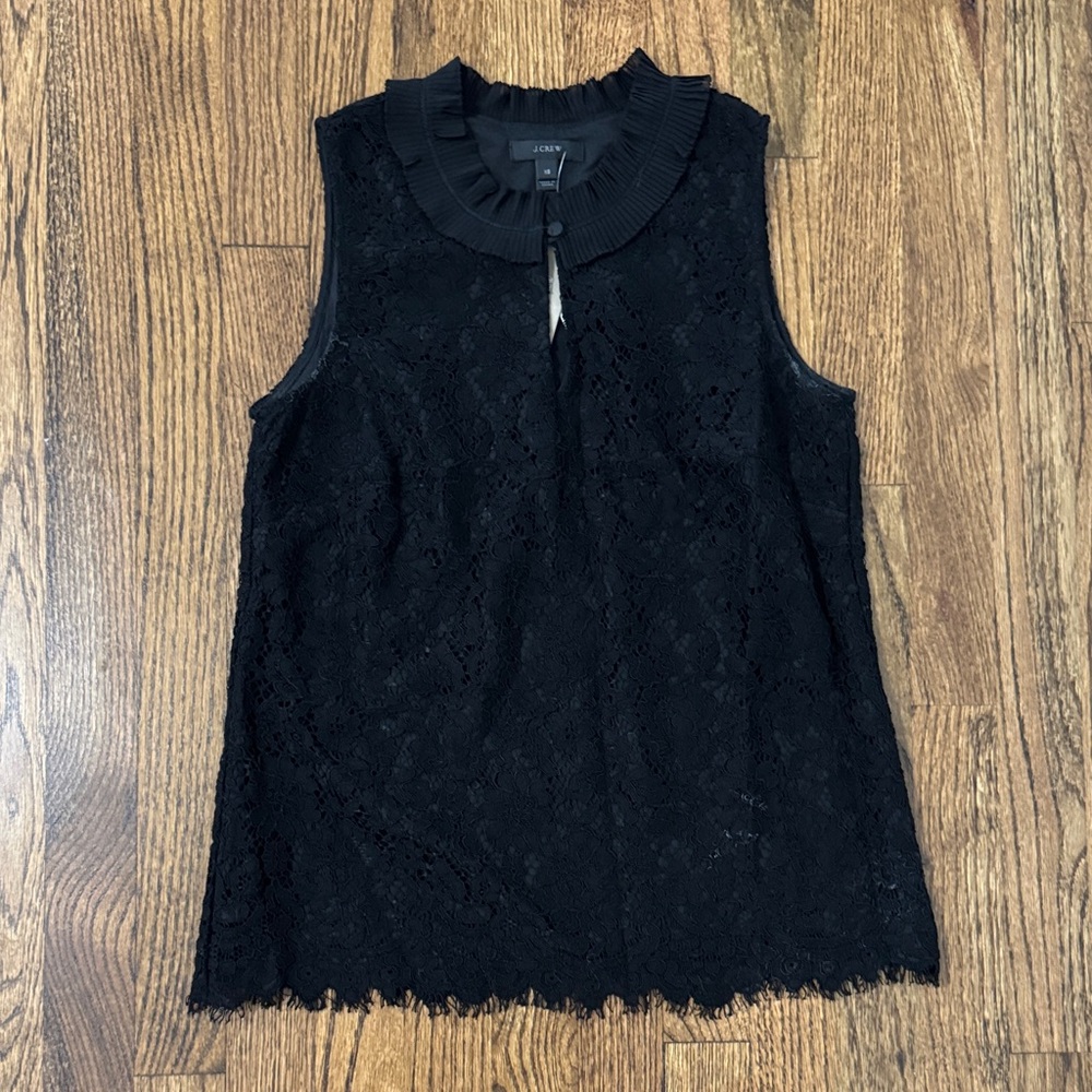 NWT - J. Crew Black Lace Top with Ruffled Neckline